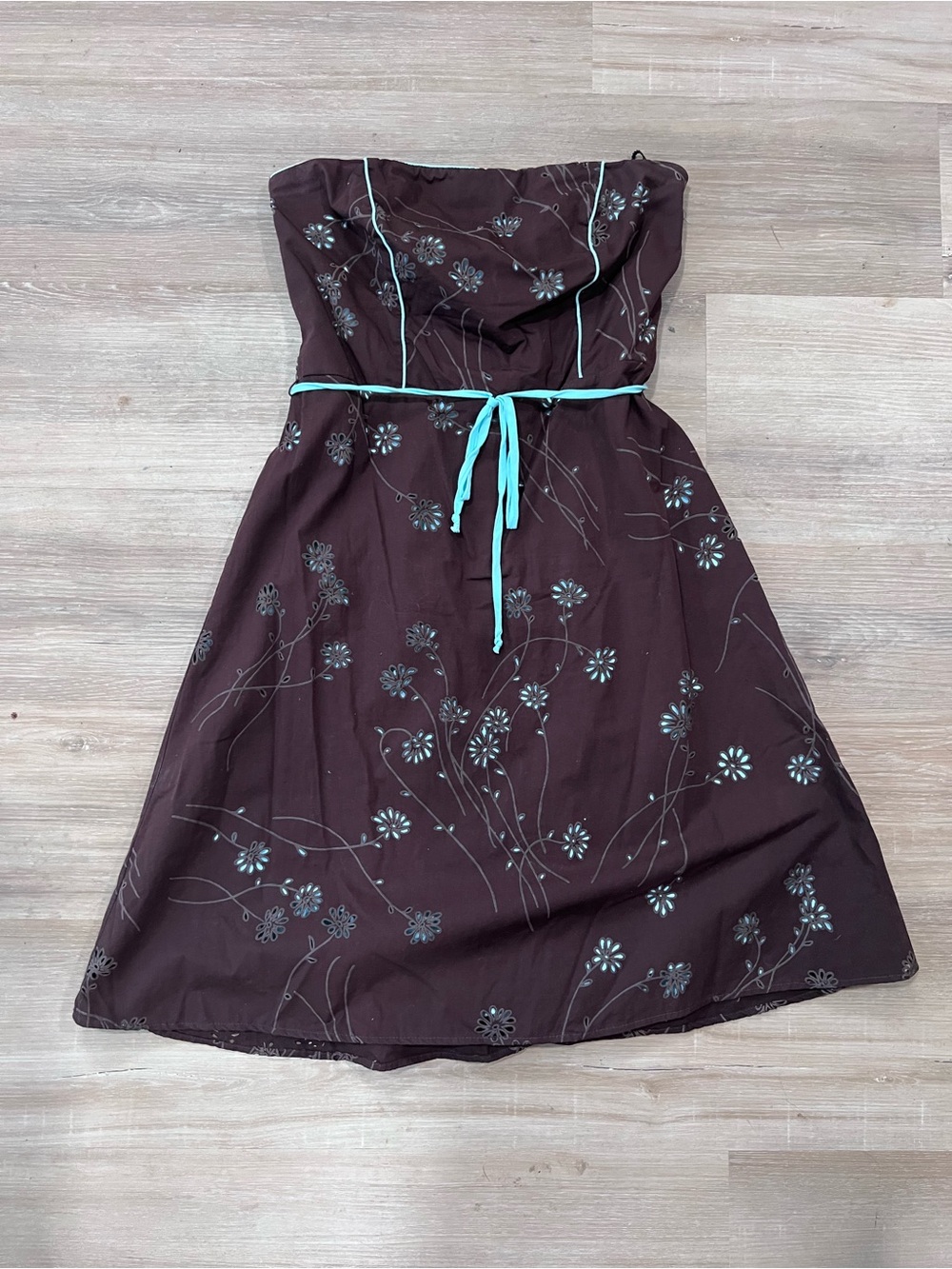 Strapless Floral Tea Dress in Chocolate with Aqua Trim